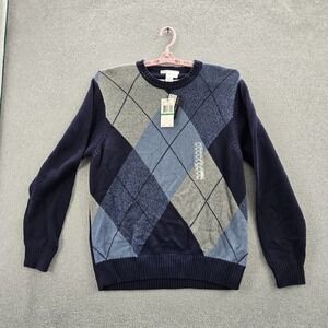Geoffrey Beene Men Sweater L Navy Argyle Long Sleeve Cotton Crew Neck NWT
